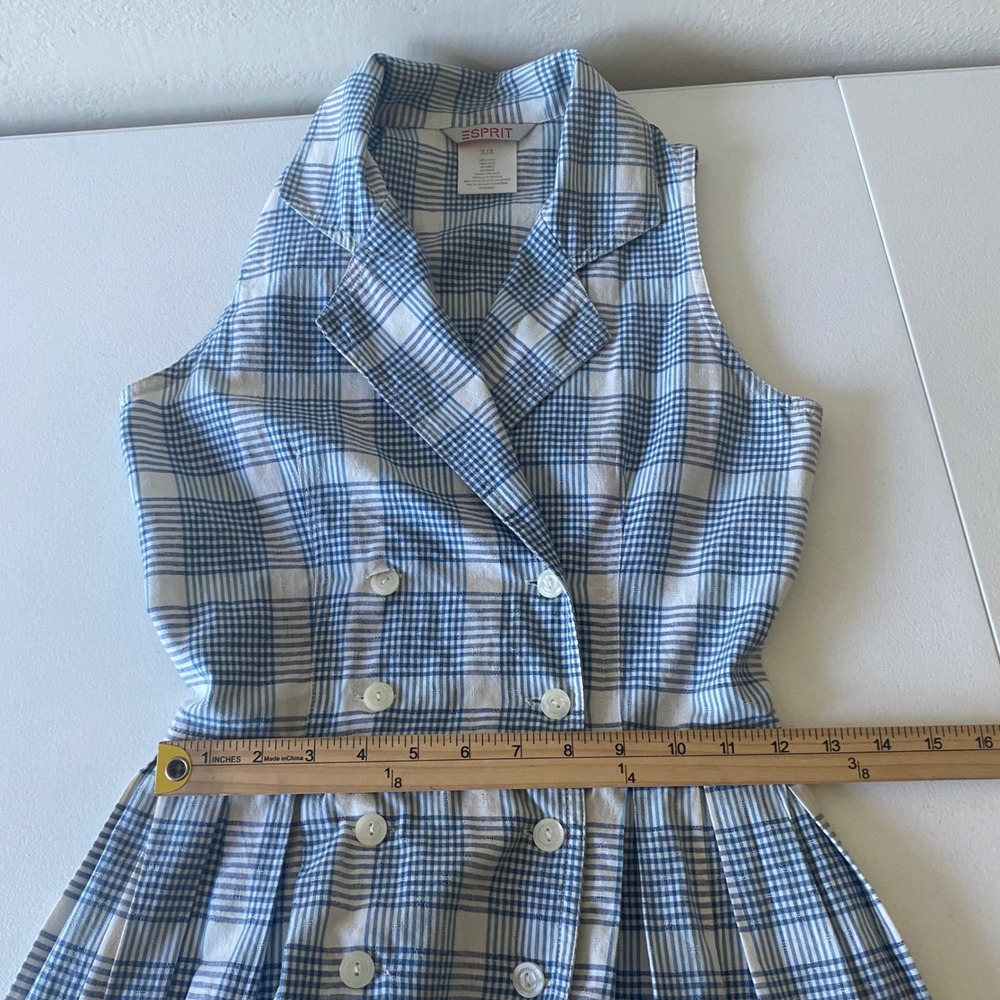 Esprit Plaid Women Sleeveless Vintage Dress Blue Double Breasted Cotton Pleated - Picture 8 of 10